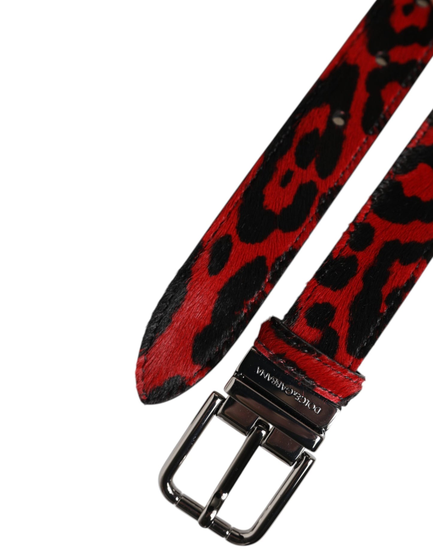 Ceinture Dolce & Gabbana à boucle en métal argenté et motif léopard noir et rouge