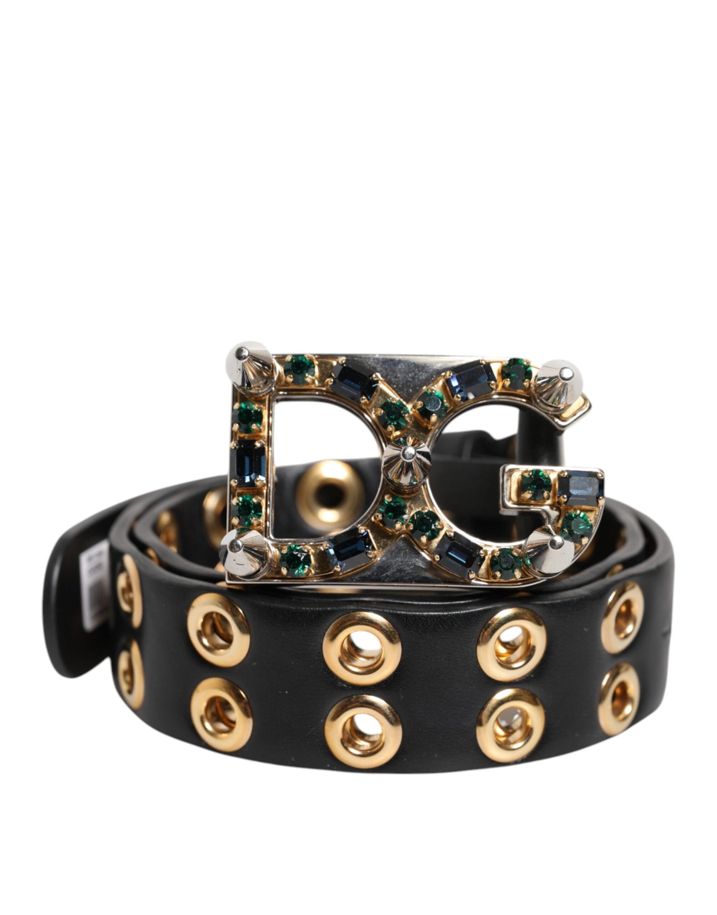 Ceinture Dolce & Gabbana en cuir noir avec boucle DG en cristal et œillets