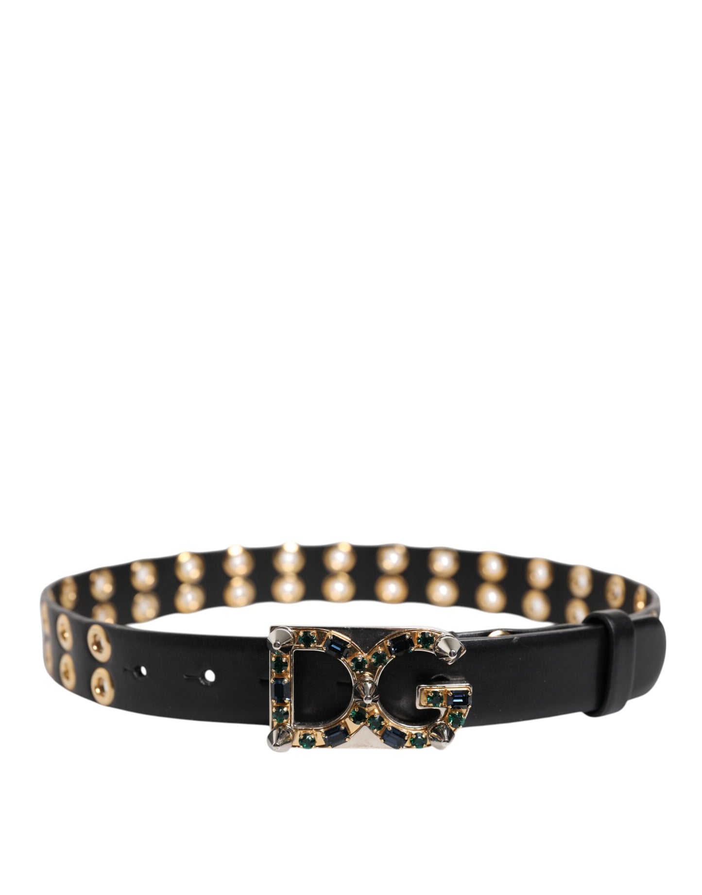 Ceinture Dolce & Gabbana en cuir noir avec boucle DG en cristal et œillets