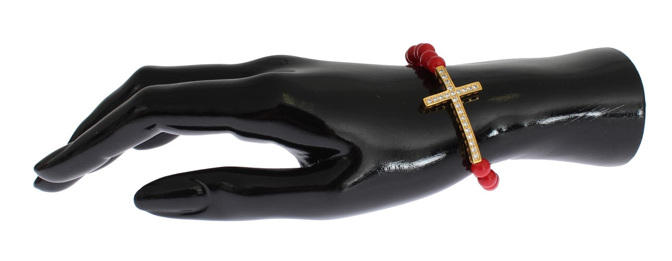 Nialaya Rode Koraal Gouden CZ Kruis 925 Zilveren Armband