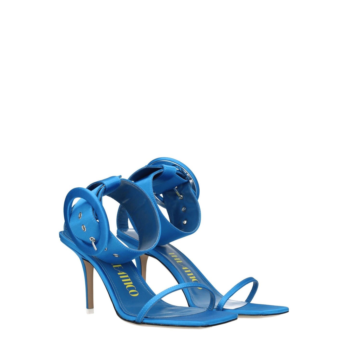 De lichtblauwe satijnen stiletto-hakken sandalen van The Attico