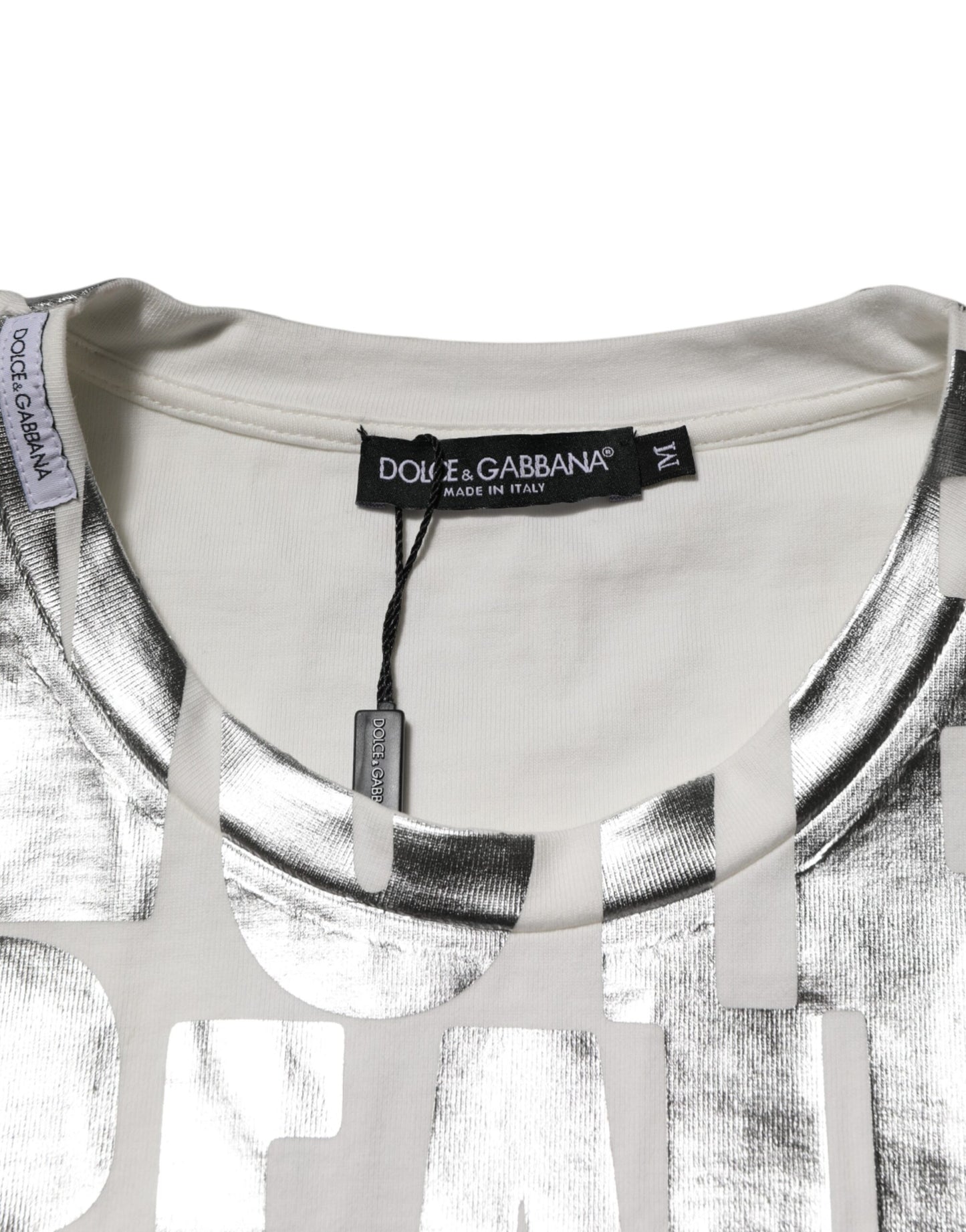 T-shirt blanc en coton Dolce & Gabbana avec imprimé argenté métallisé et slogan.