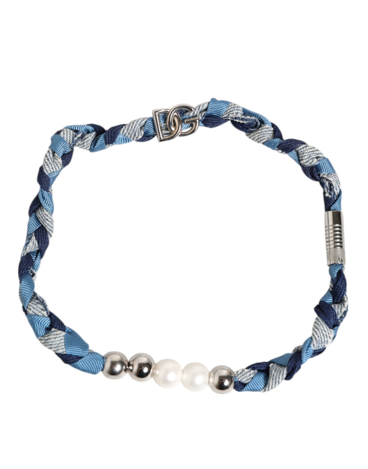 Dolce & Gabbana Blauw Wit Gevlochten Zilveren Metalen Logo Kralen Heren Armband