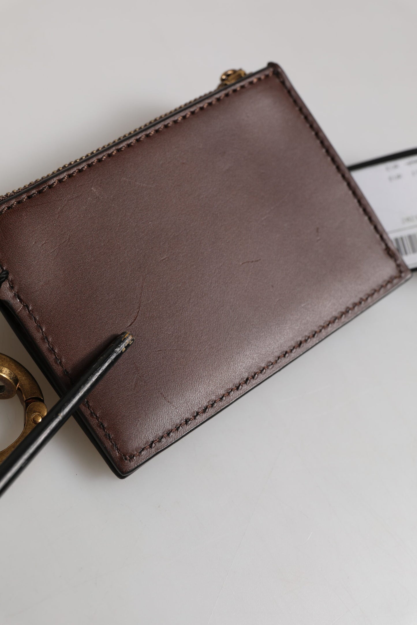 Portefeuille Dolce & Gabbana en cuir de veau marron avec logo et porte-clés zippé pour homme