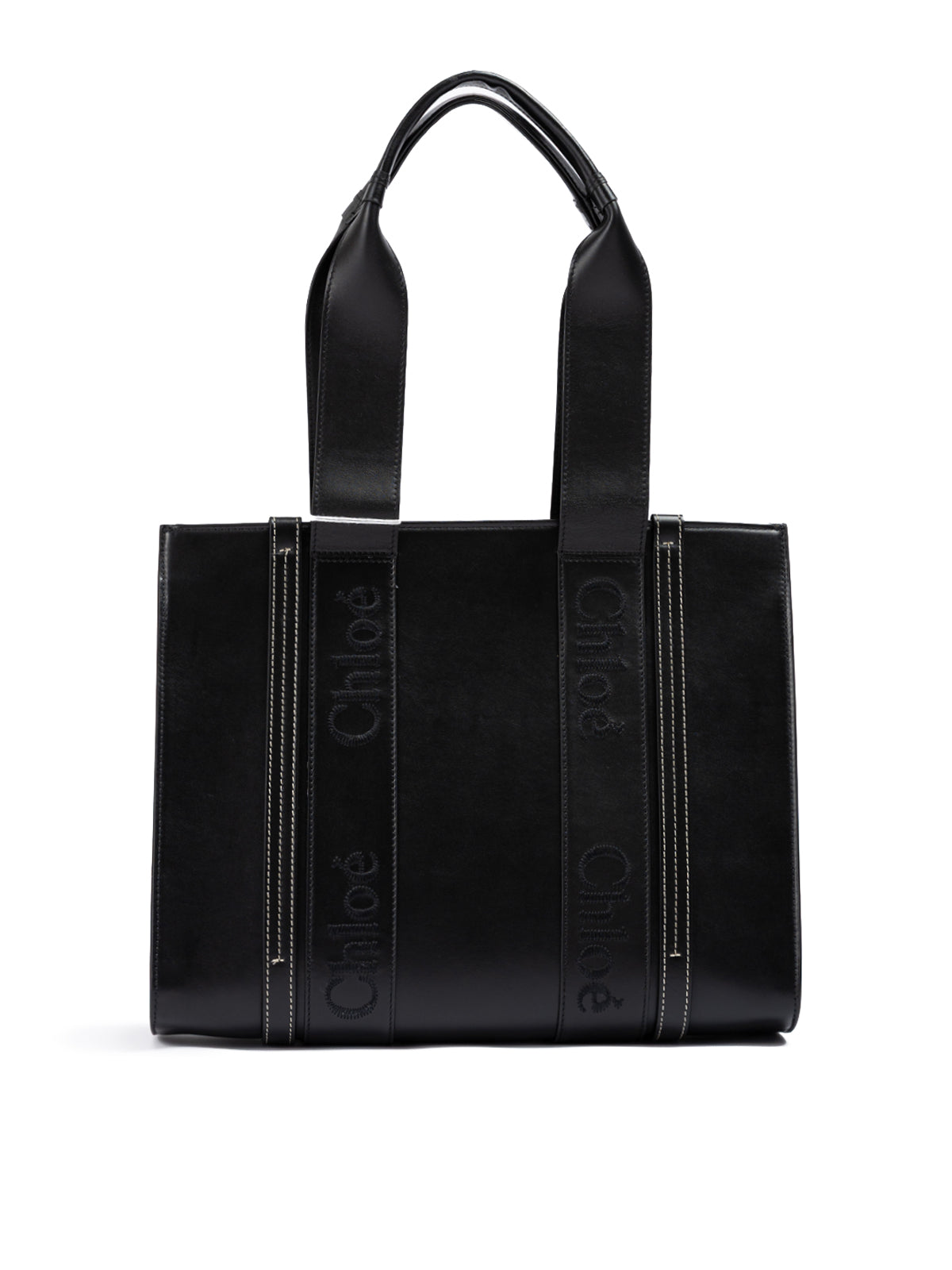 Chloé Zwarte Woody Leren Medium Tote Bag met Geborduurd Logo