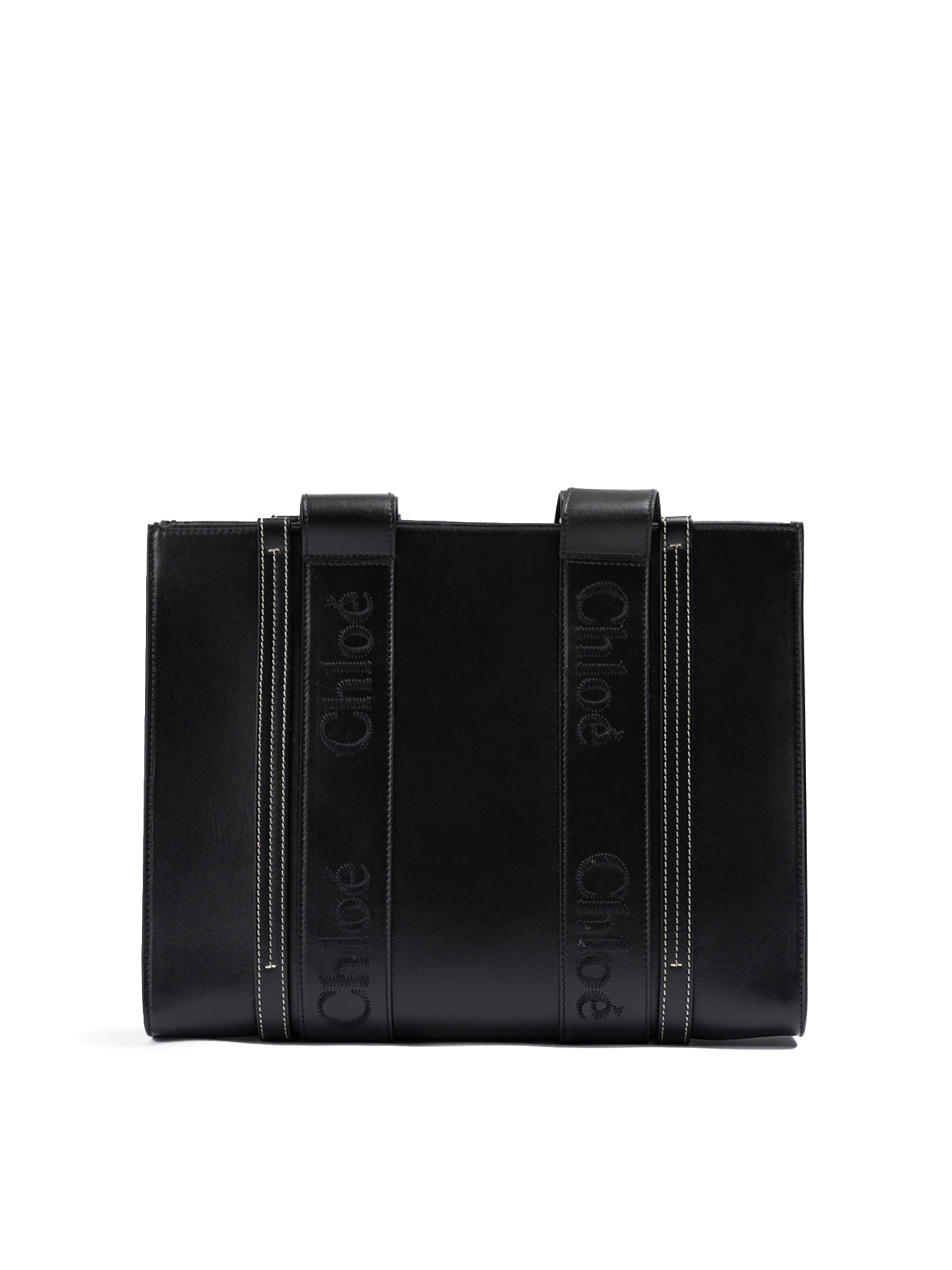 Chloé Zwarte Woody Leren Medium Tote Bag met Geborduurd Logo