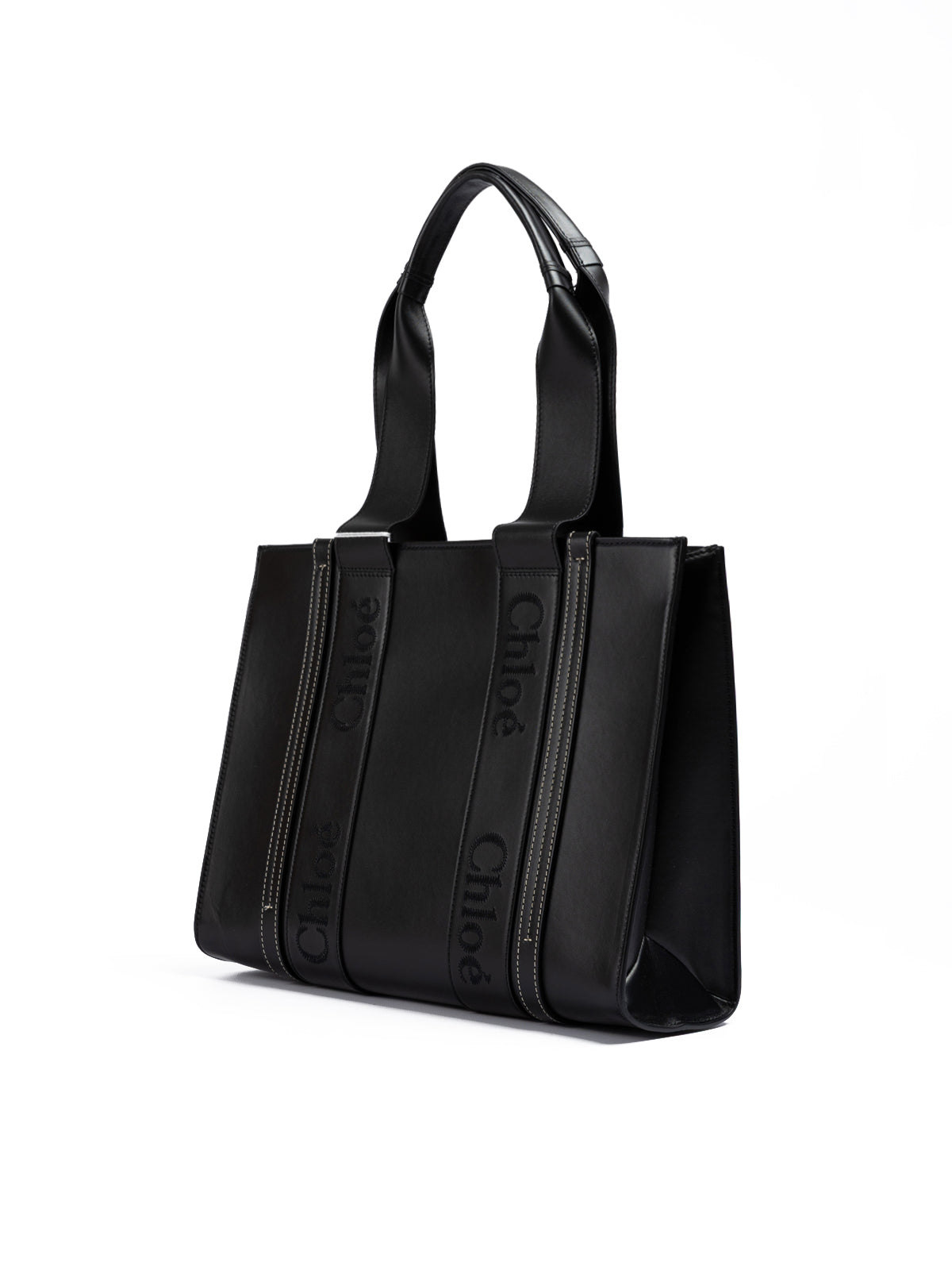 Chloé Zwarte Woody Leren Medium Tote Bag met Geborduurd Logo