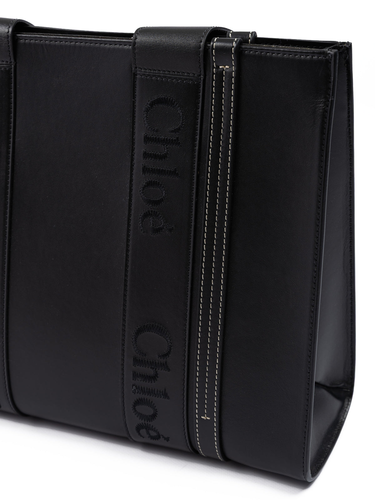 Chloé Zwarte Woody Leren Medium Tote Bag met Geborduurd Logo