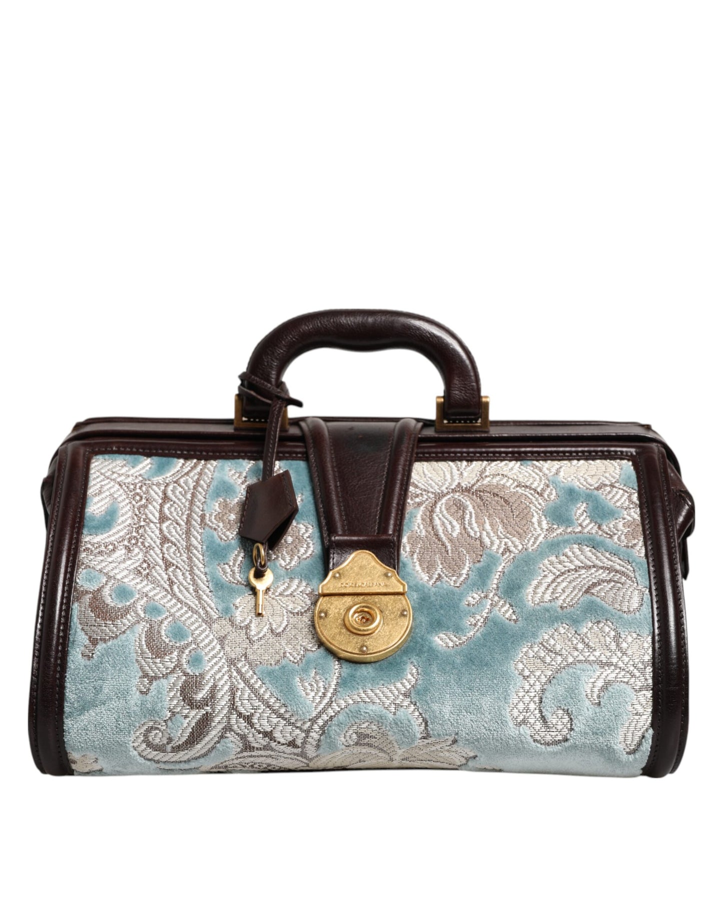 Dolce & Gabbana Blauwe Bruine Leren Bloemen Jacquard Reistas