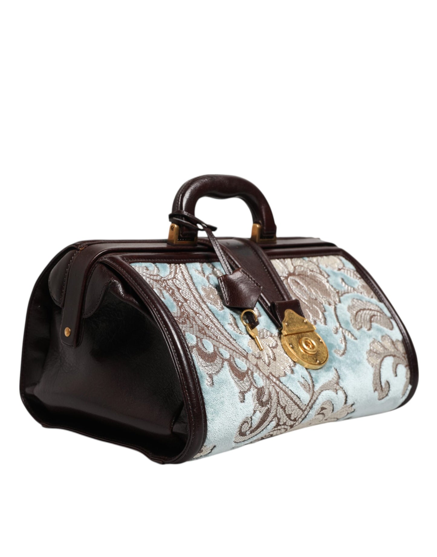 Dolce & Gabbana Blauwe Bruine Leren Bloemen Jacquard Reistas