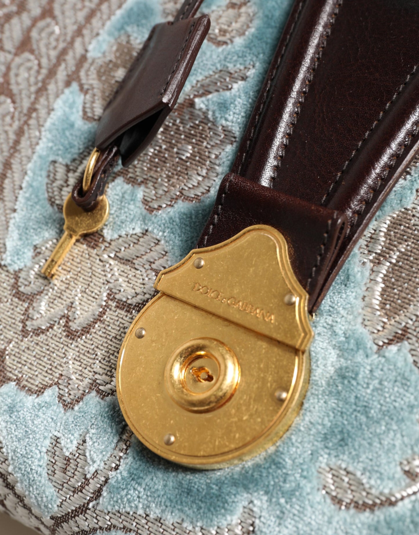 Dolce & Gabbana Blauwe Bruine Leren Bloemen Jacquard Reistas
