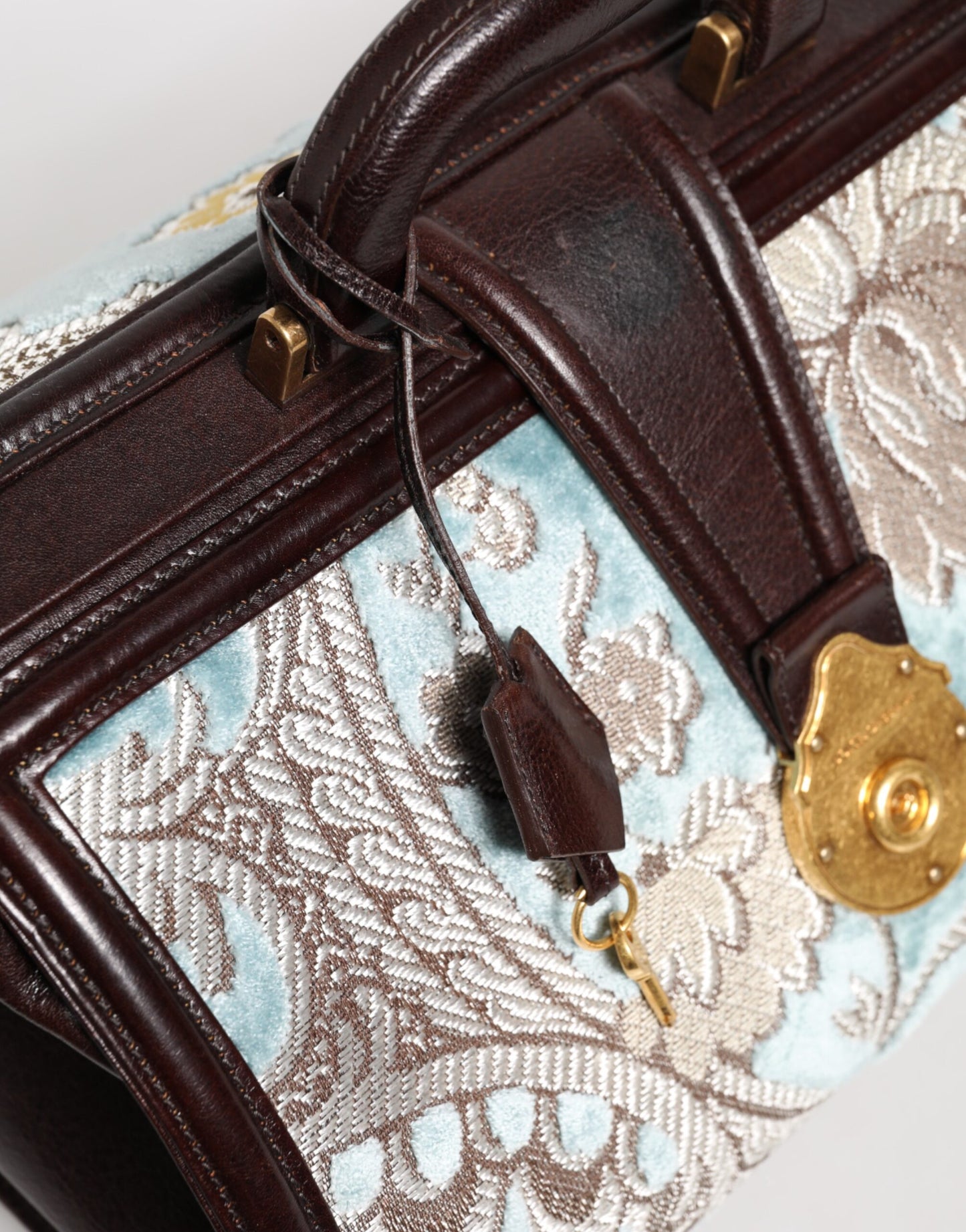 Dolce & Gabbana Blauwe Bruine Leren Bloemen Jacquard Reistas