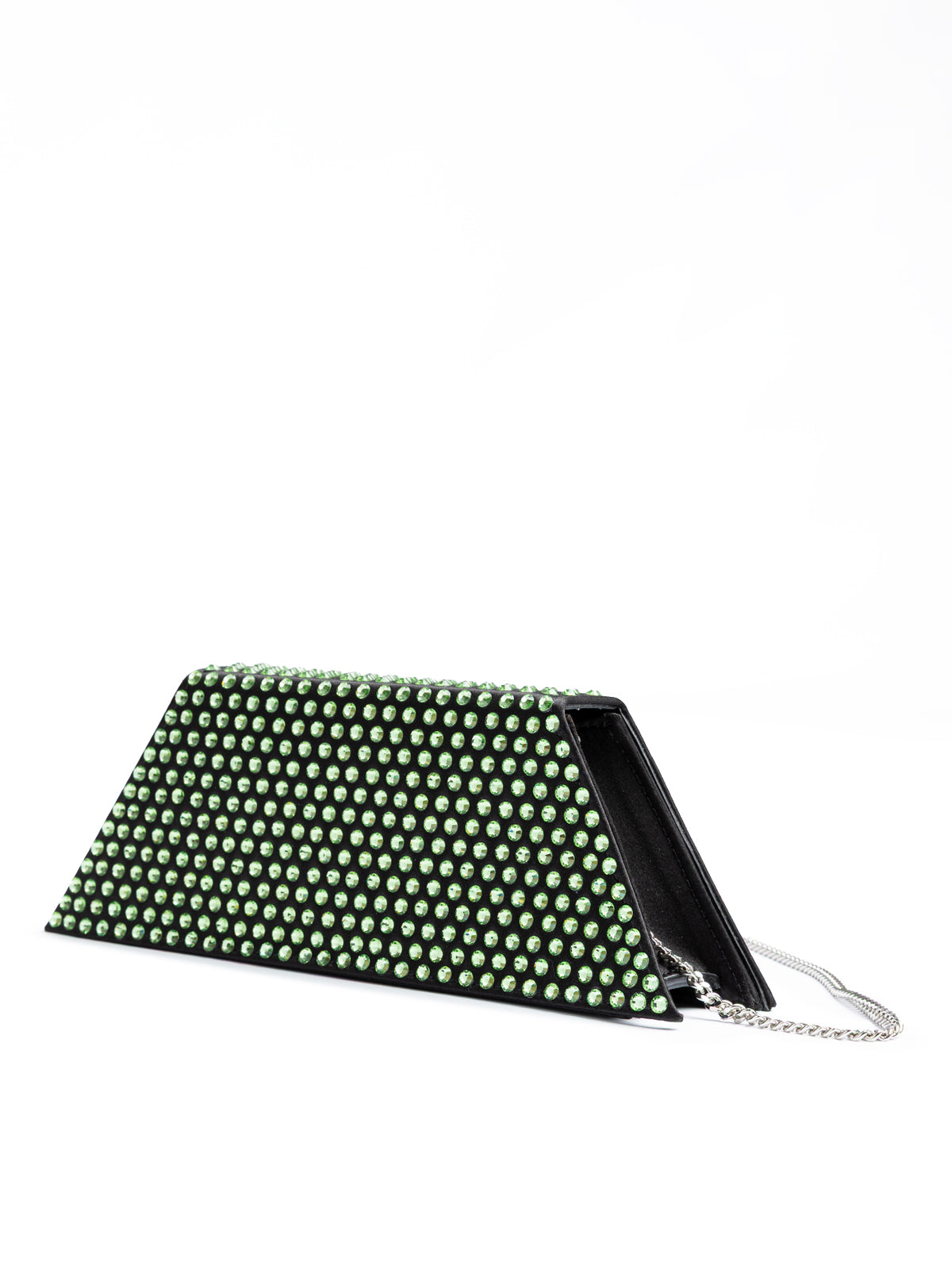 Mini sac bandoulière Amina Muaddi en satin noir et cristaux verts
