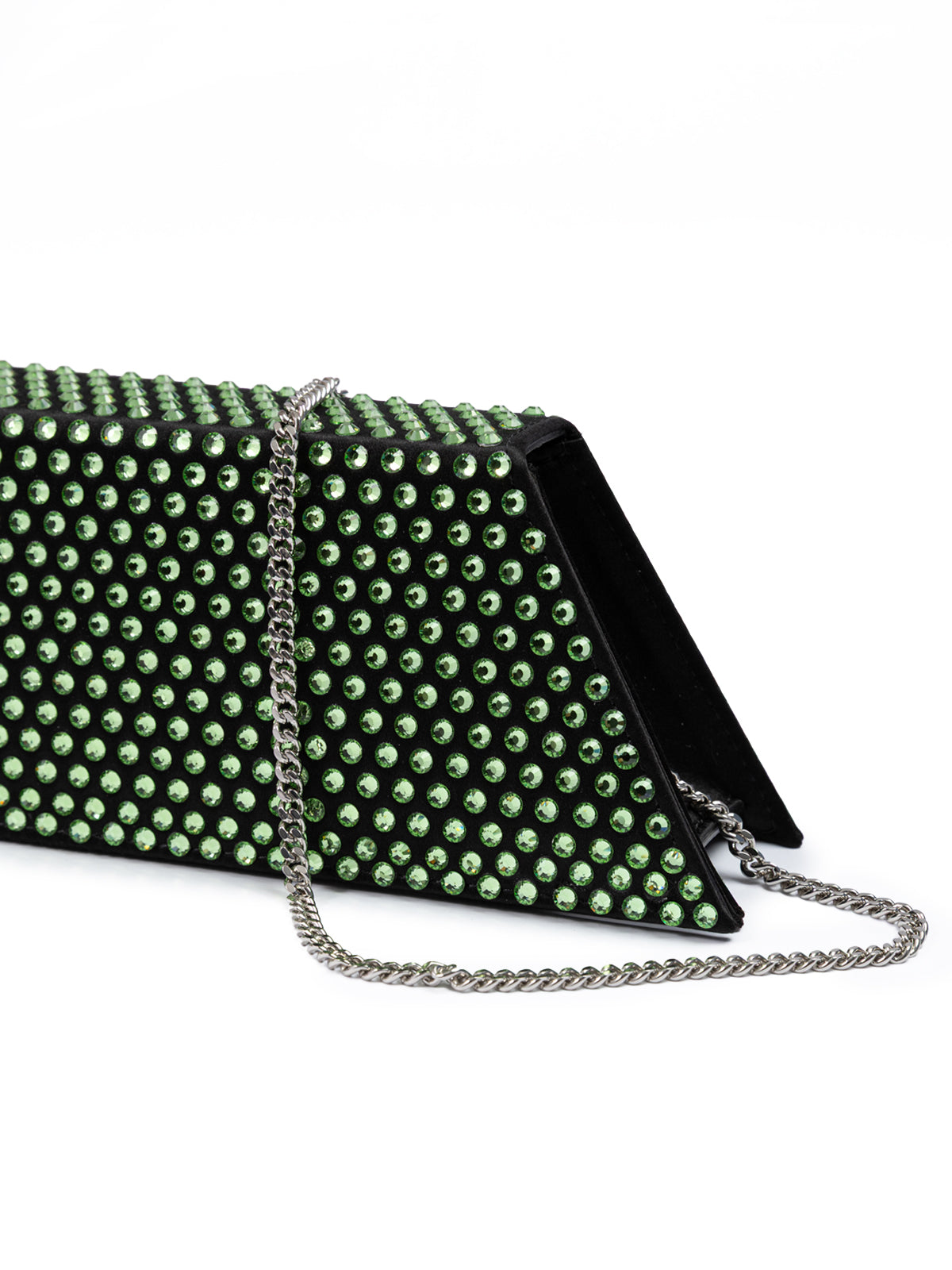 Mini sac bandoulière Amina Muaddi en satin noir et cristaux verts