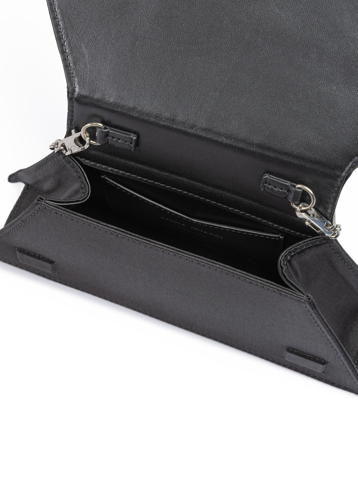 Mini sac bandoulière Amina Muaddi en satin noir et cristaux verts