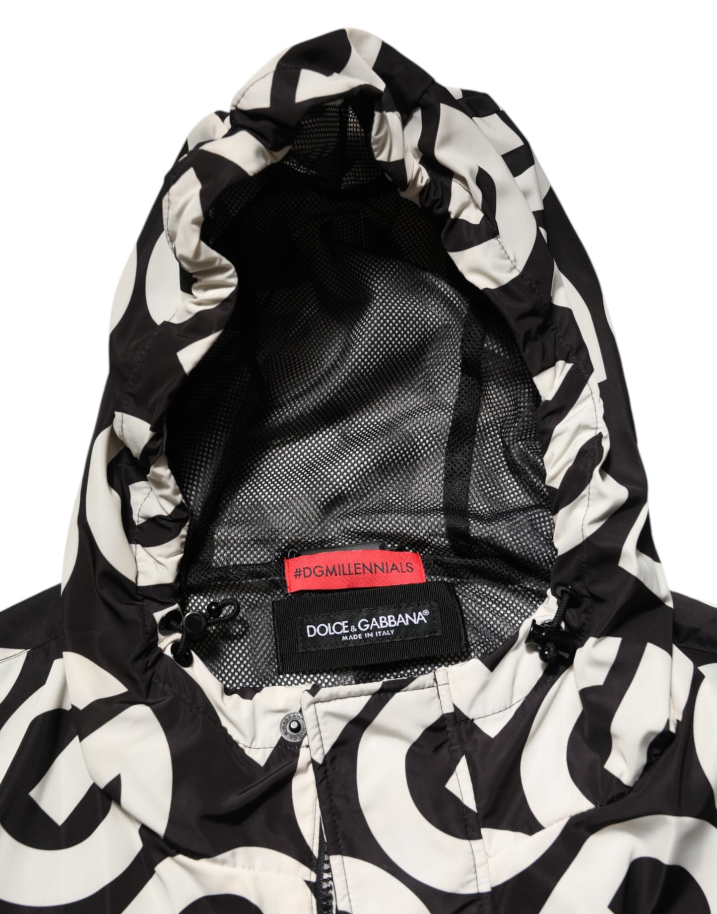 Manteau à capuche pour homme Dolce & Gabbana, noir et blanc, imprimé logo.