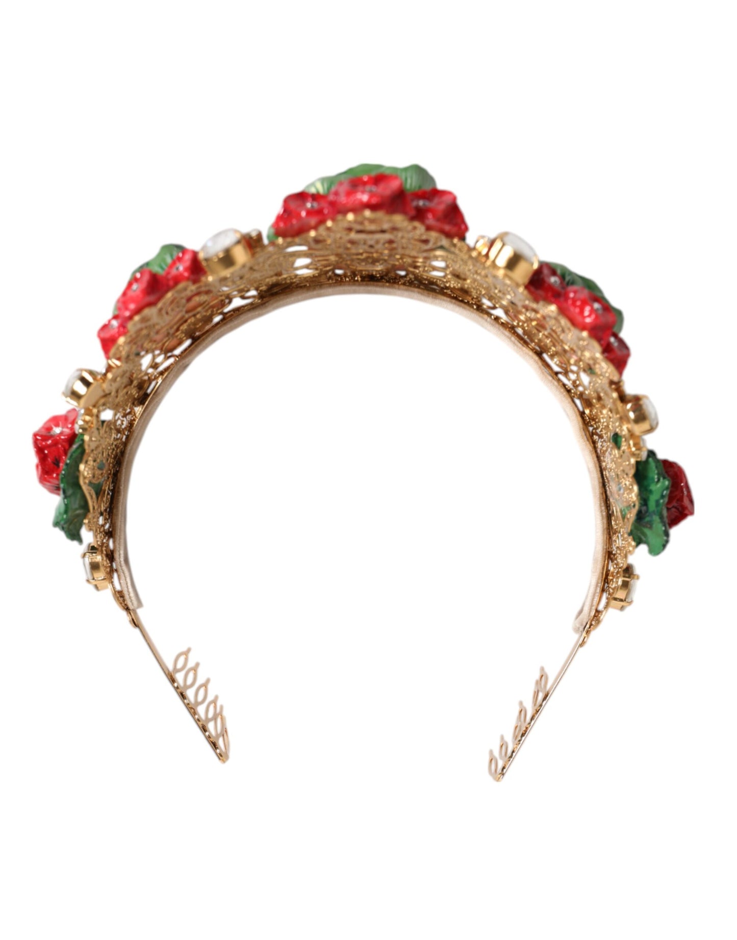 Diadème, bandeau, couronne en cristal doré et rouge à motifs floraux de Dolce & Gabbana.