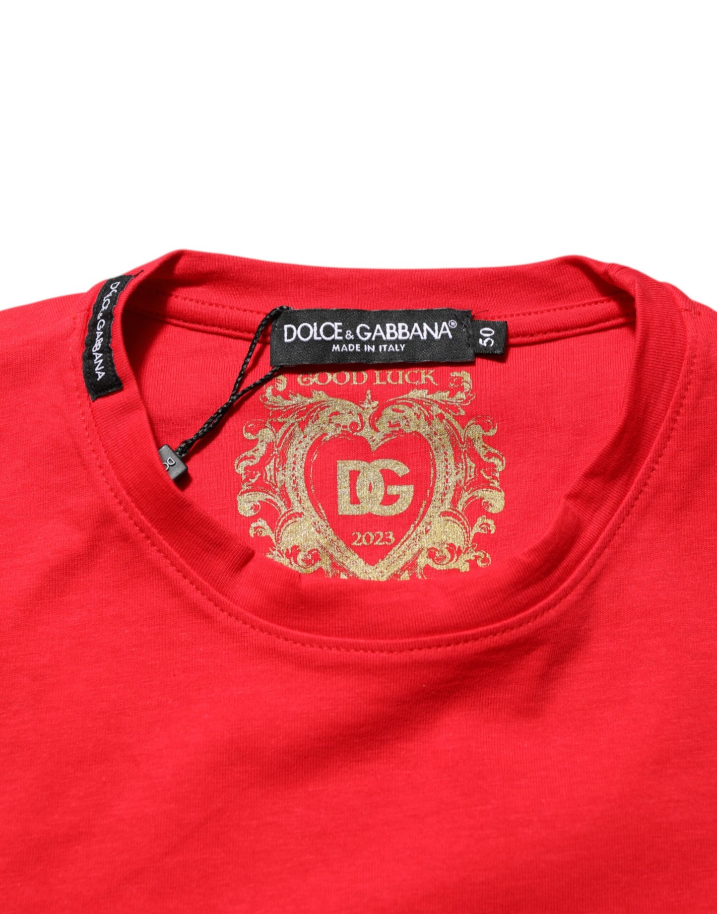 T-shirt à col rond en coton Dolce & Gabbana Red Goodluck 2023
