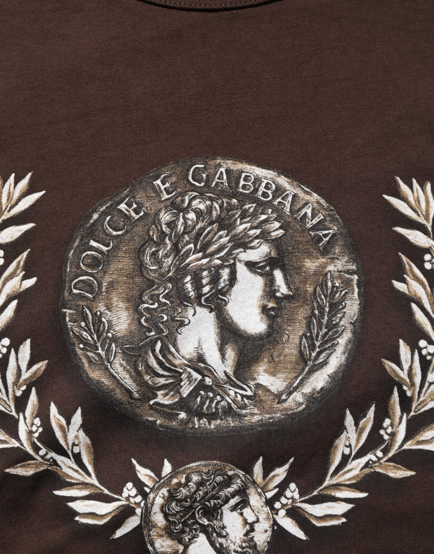 T-shirt Dolce & Gabbana marron à col rond pour homme, imprimé pièces de laurier