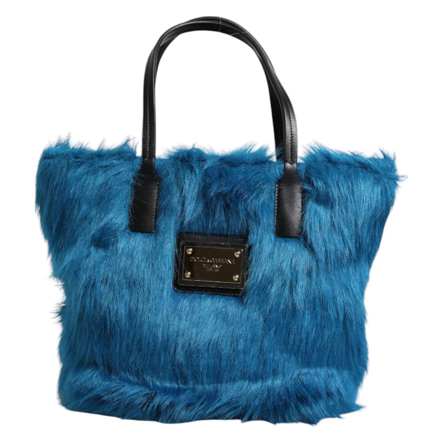 Sac à main porté épaule Dolce & Gabbana bleu en fourrure avec plaque logo et double poignée.