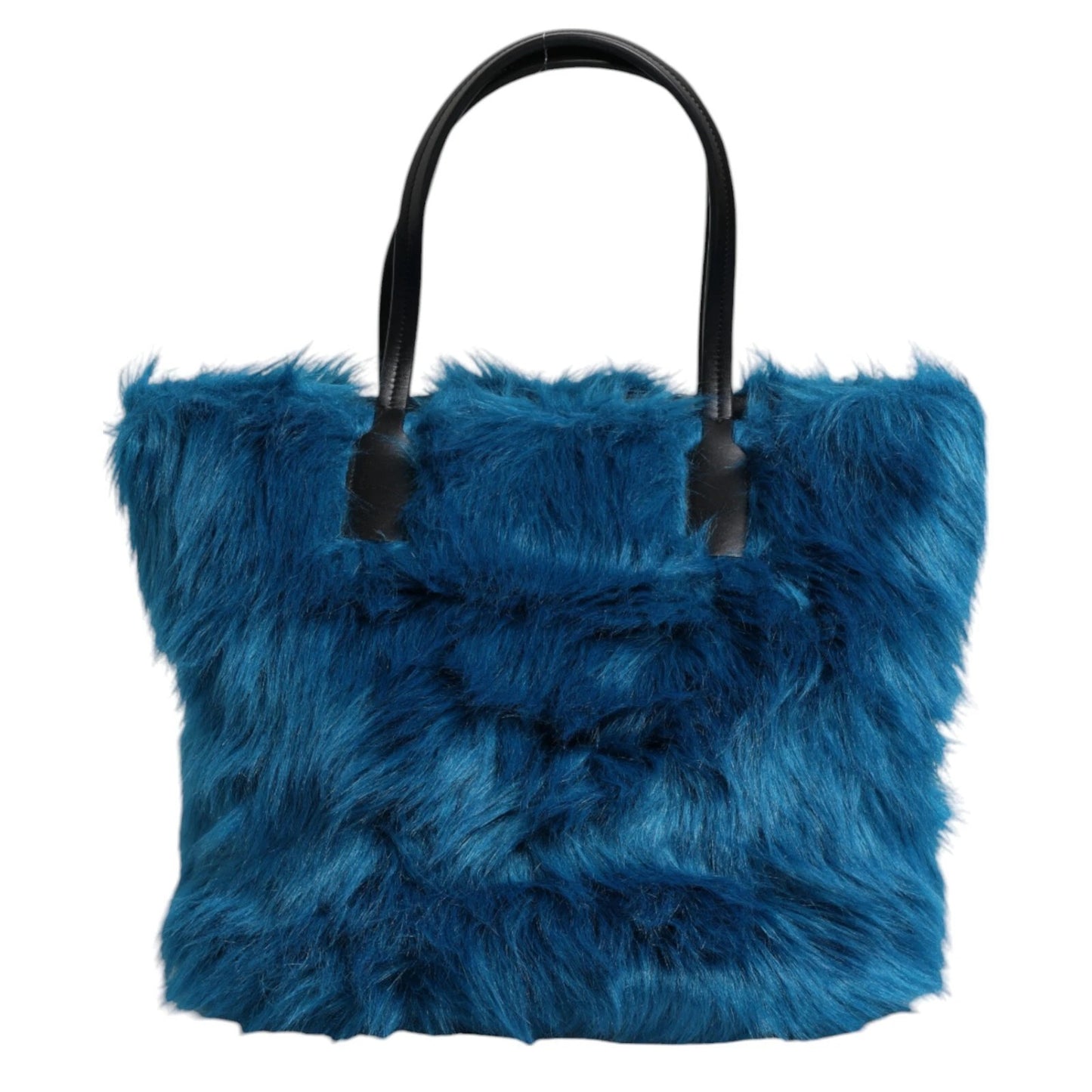 Sac à main porté épaule Dolce & Gabbana bleu en fourrure avec plaque logo et double poignée.
