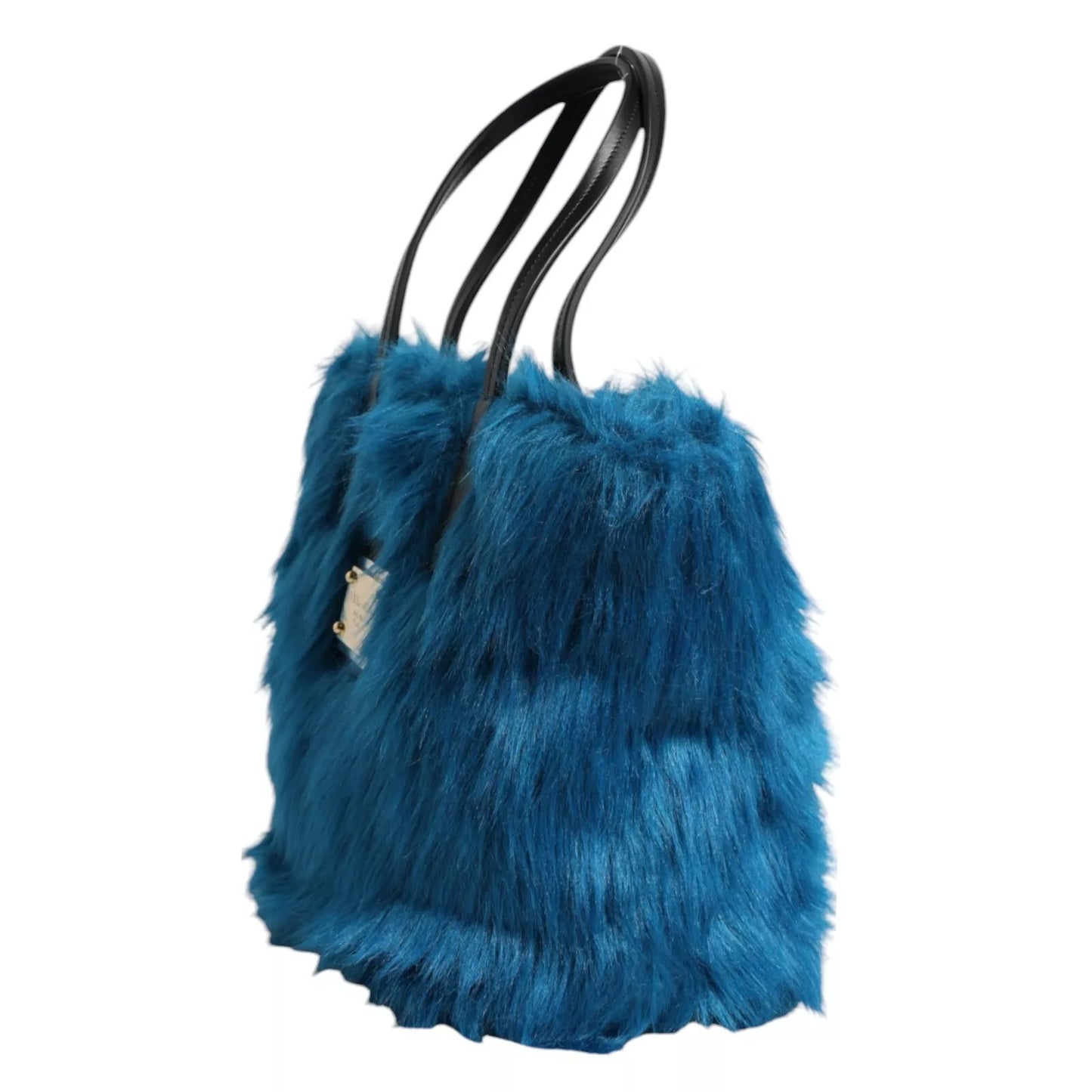 Sac à main porté épaule Dolce & Gabbana bleu en fourrure avec plaque logo et double poignée.