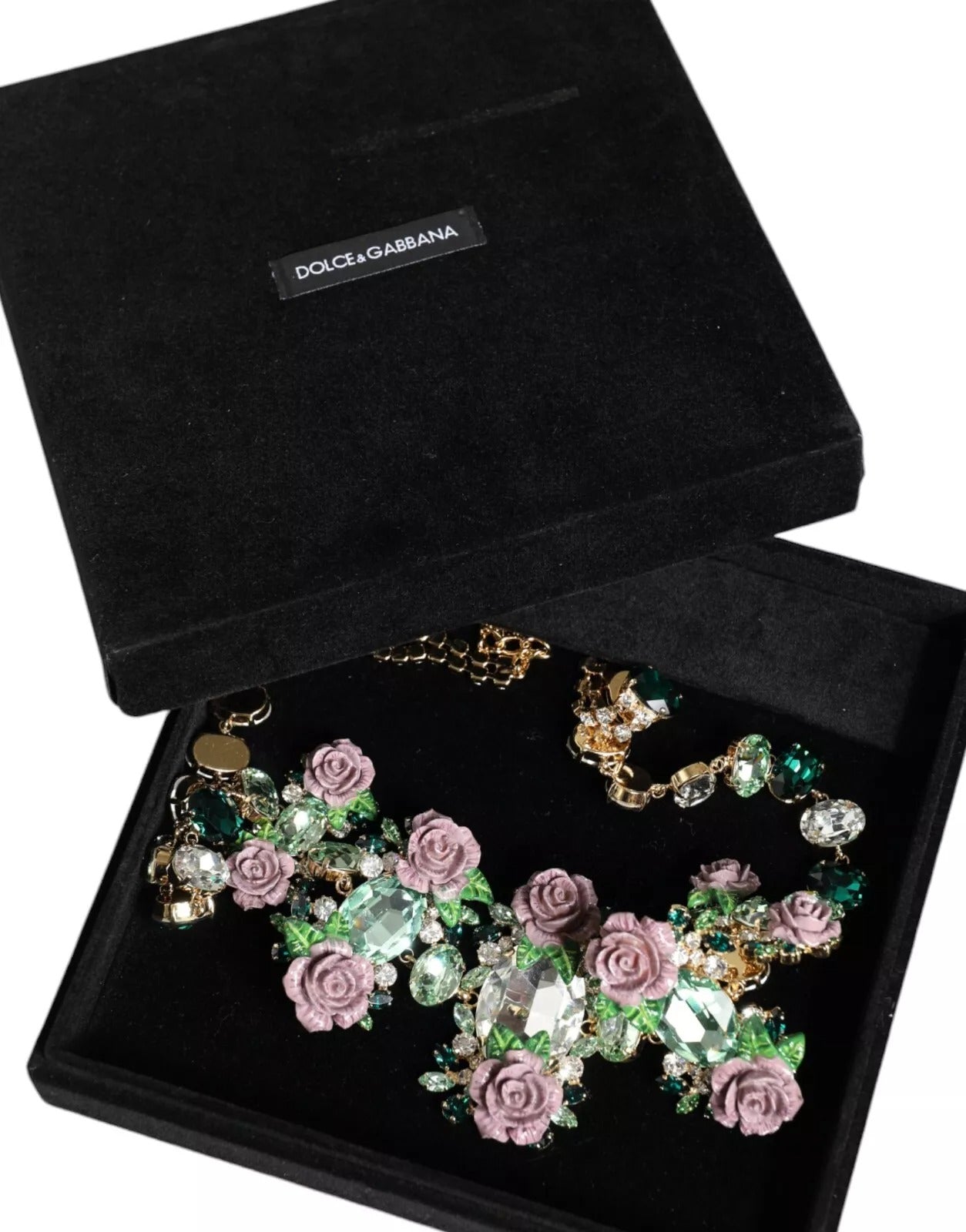 Dolce & Gabbana gouden ketting van messing schakels met rozenblaadjes en kristallen