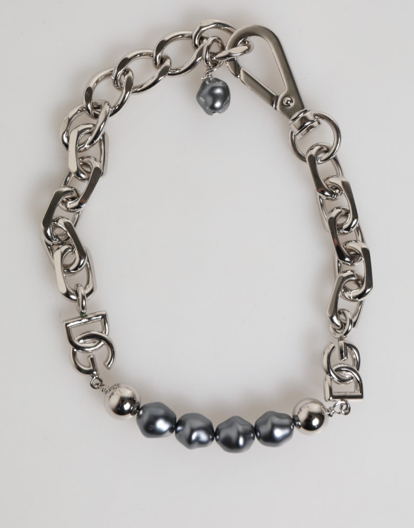 Dolce & Gabbana Zilveren Ketting Karabijnsluiting Logo Grijze Parels Armband