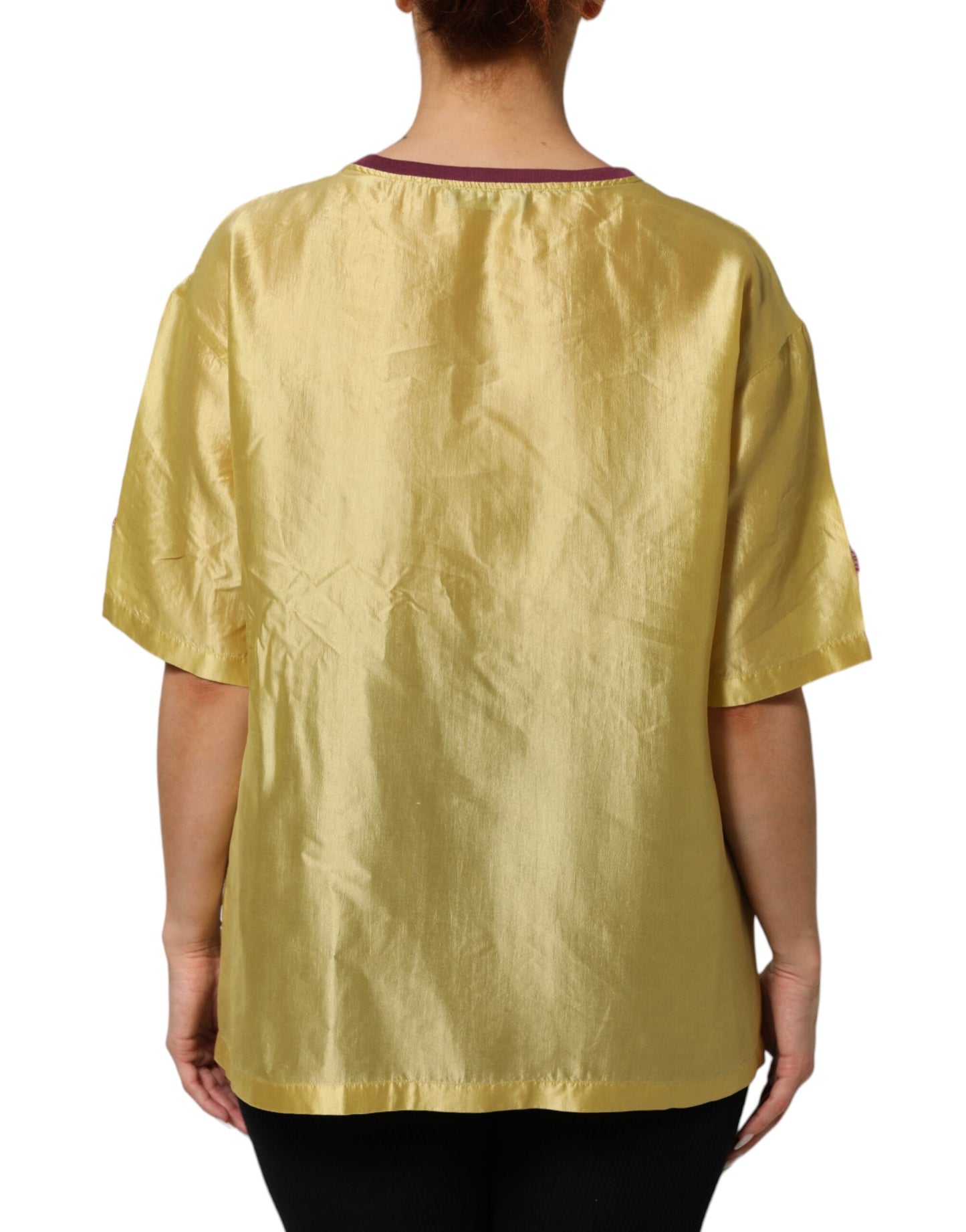 Top en satin de soie jaune à manches courtes, brodé de dentelle florale de Dolce & Gabbana