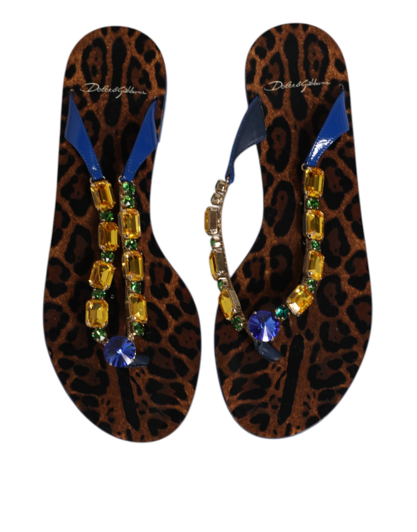Sandales plates à cristaux bleus Dolce & Gabbana, chaussures de plage.