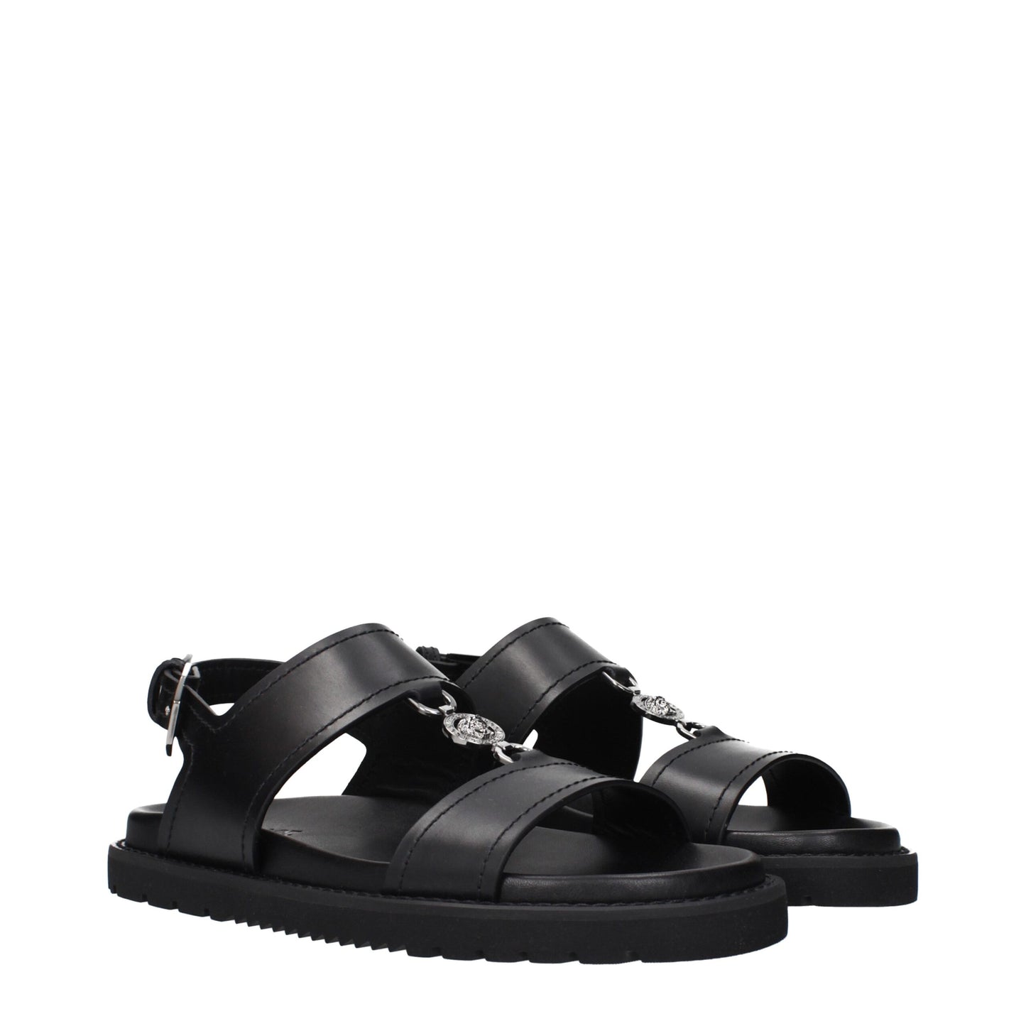 Sandales plates en cuir noir Versace