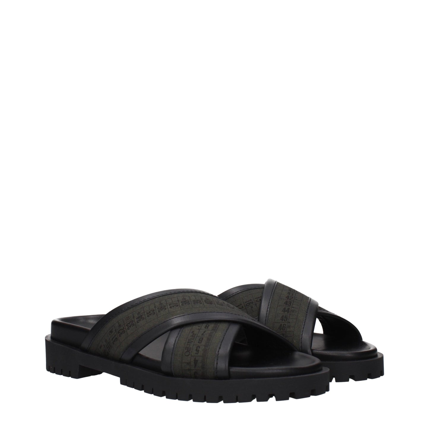 Platte sandalen van stof in gebroken wit en groen