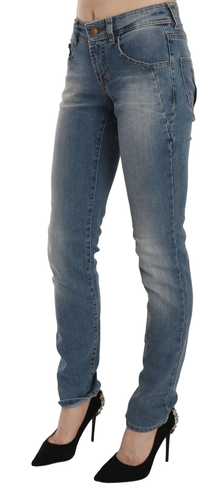 Pantalon en jean décontracté slim taille mi-hauteur, bleu délavé, John Galliano