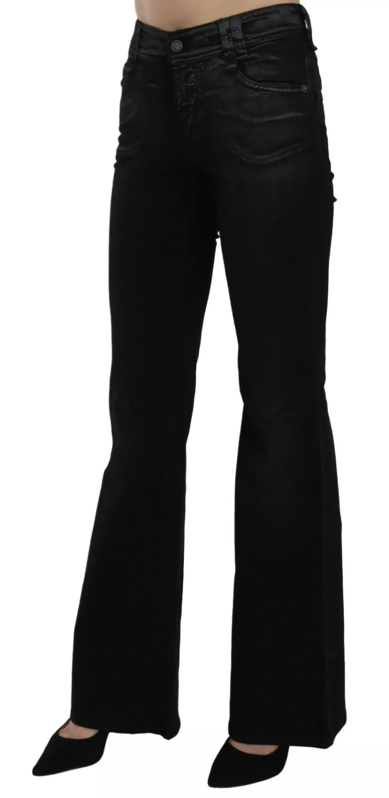 Jean décontracté en jean noir, taille haute et pattes d'éléphant, effet lavé, de John Galliano.