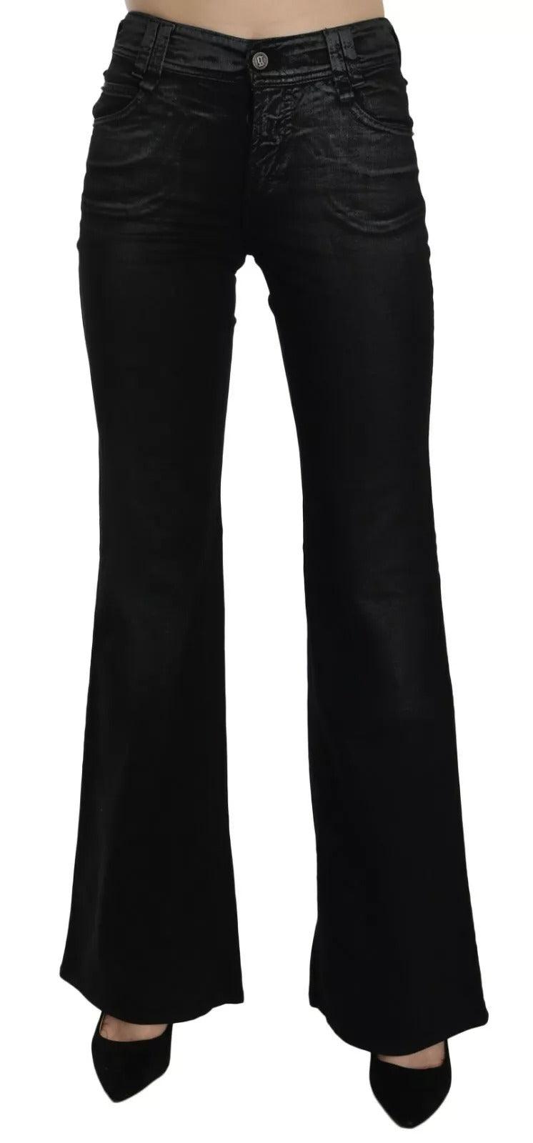 Jean décontracté en jean noir, taille haute et pattes d'éléphant, effet lavé, de John Galliano.