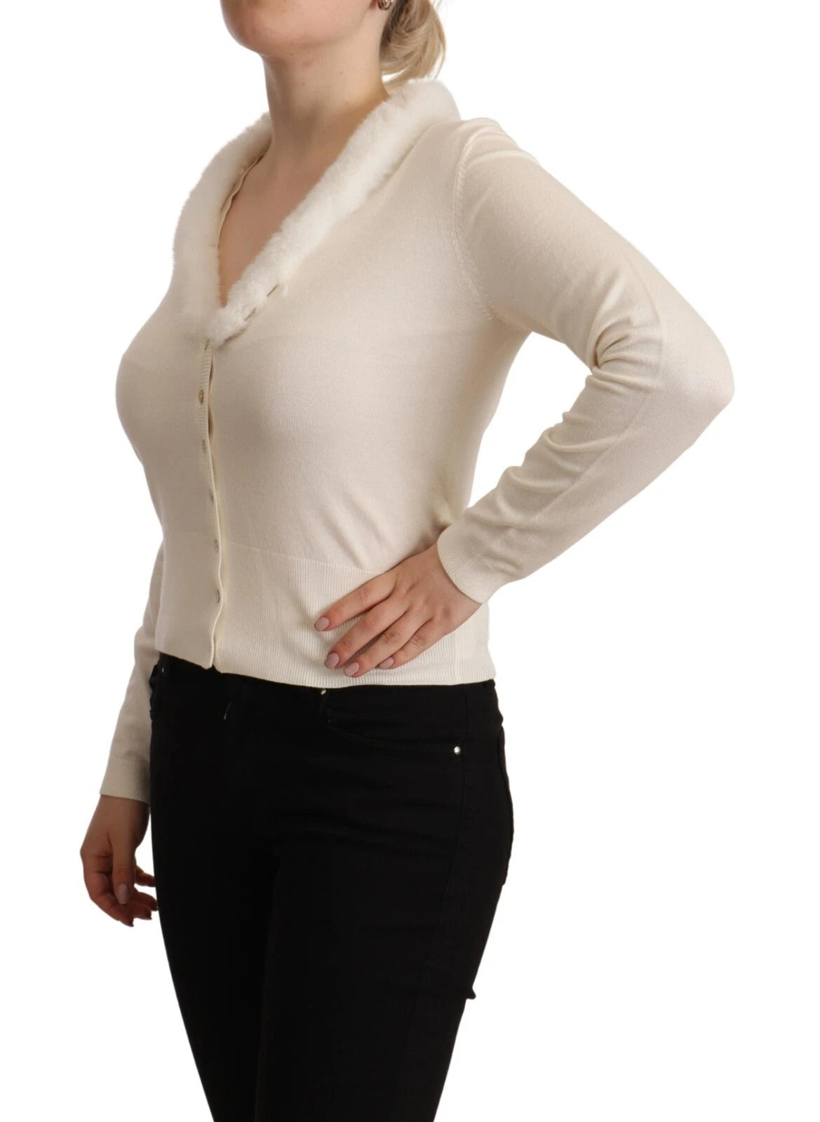 Blouse Liu Jo en viscose blanche à manches longues et col en fourrure de mouton.