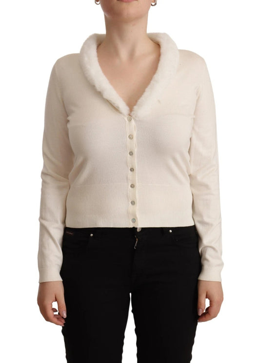 Blouse Liu Jo en viscose blanche à manches longues et col en fourrure de mouton.