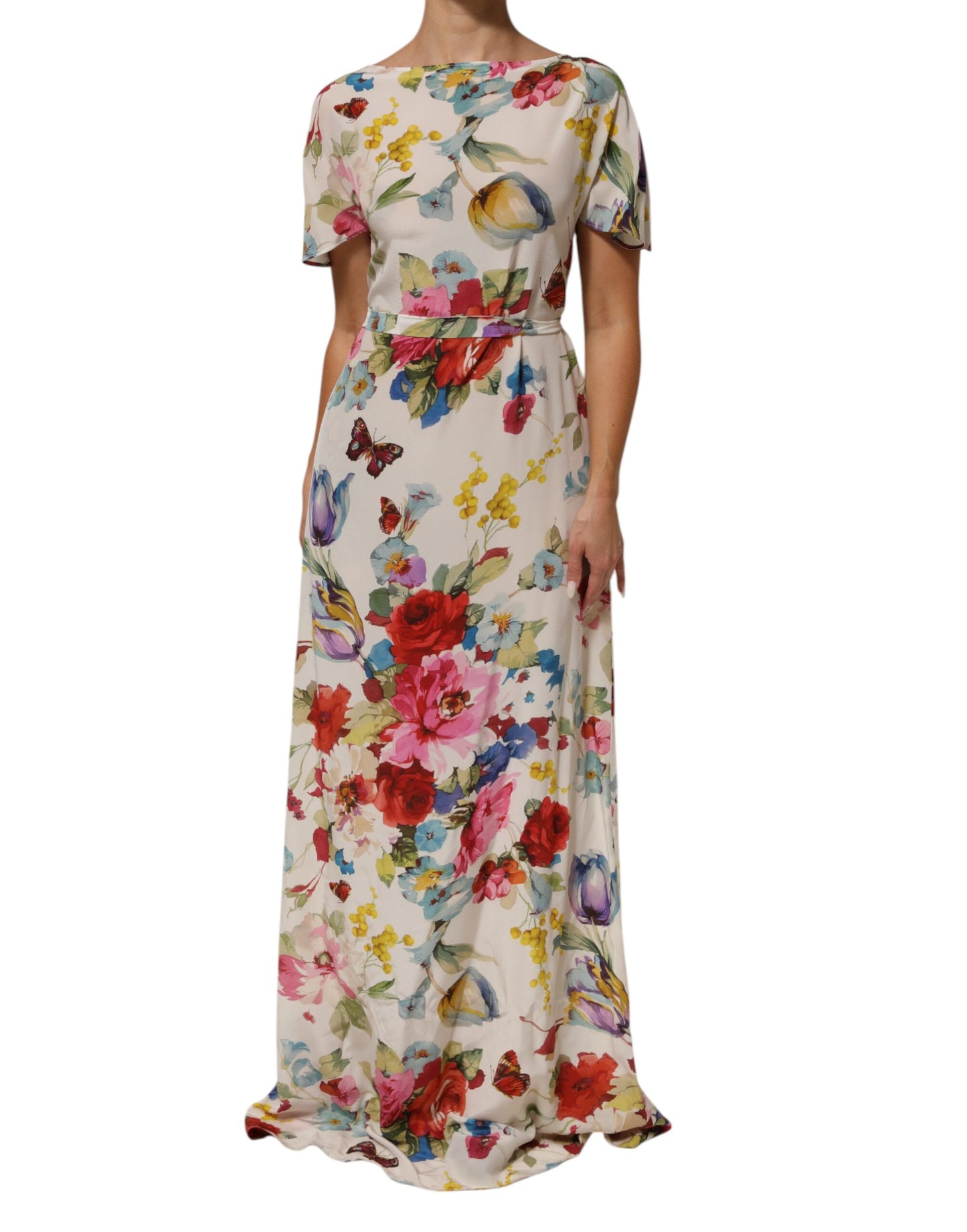 Dolce & Gabbana witte zijden jurk met bloemenprint, lang model, met aansluitende pasvorm.