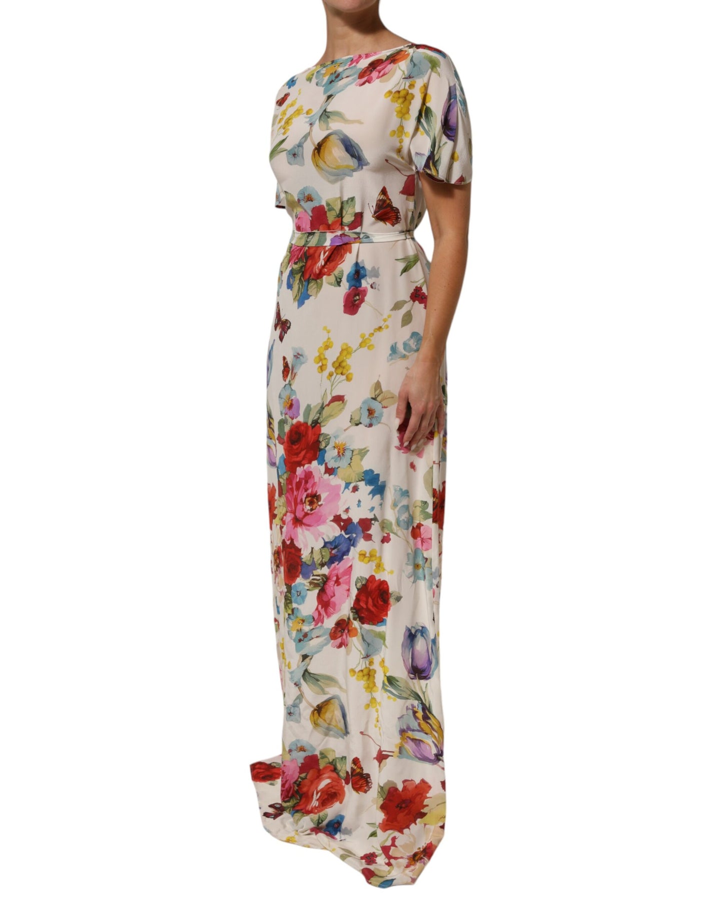 Dolce & Gabbana witte zijden jurk met bloemenprint, lang model, met aansluitende pasvorm.