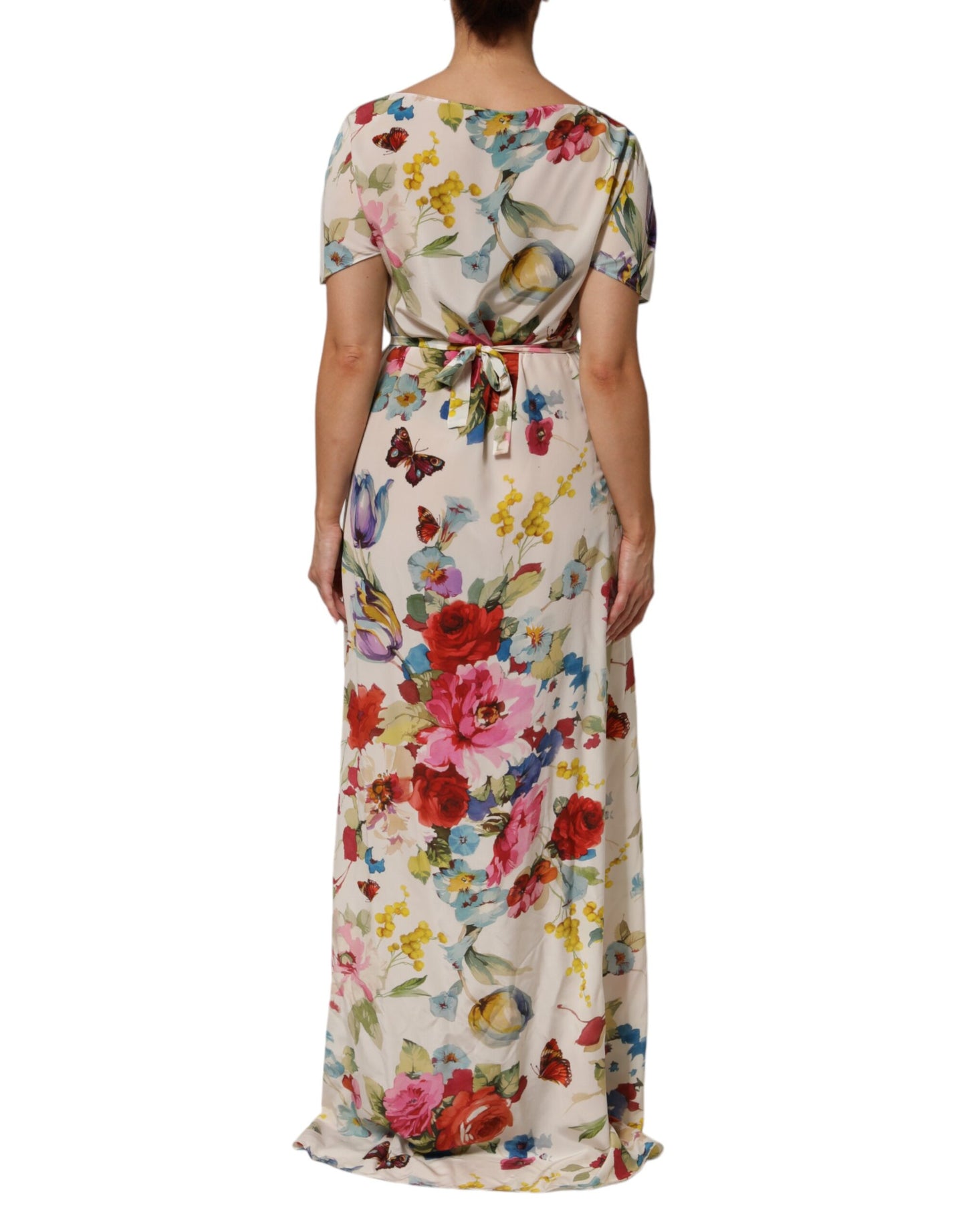 Dolce & Gabbana witte zijden jurk met bloemenprint, lang model, met aansluitende pasvorm.