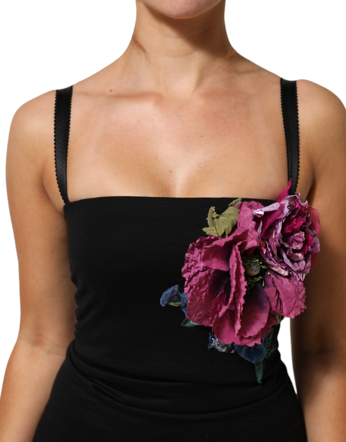 Dolce & Gabbana zwarte, aansluitende jurk met bloemenapplicaties