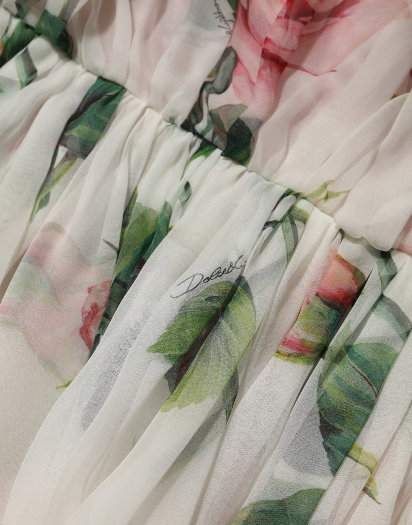 Dolce & Gabbana witte, bloemenprint, plissé midi-jurk van zijde