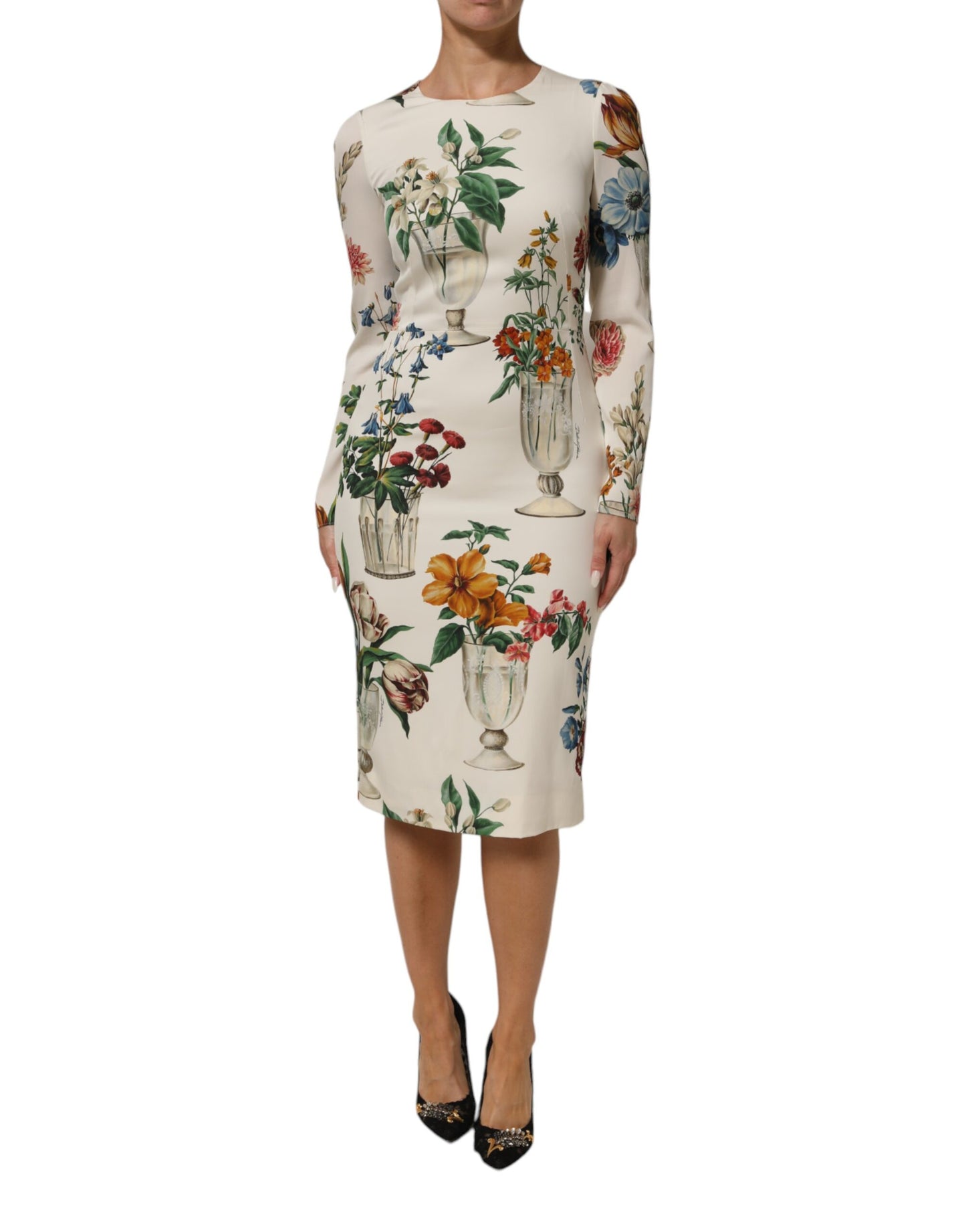 Dolce & Gabbana witte bloemenvaas-geprinten zijden midi-jurk