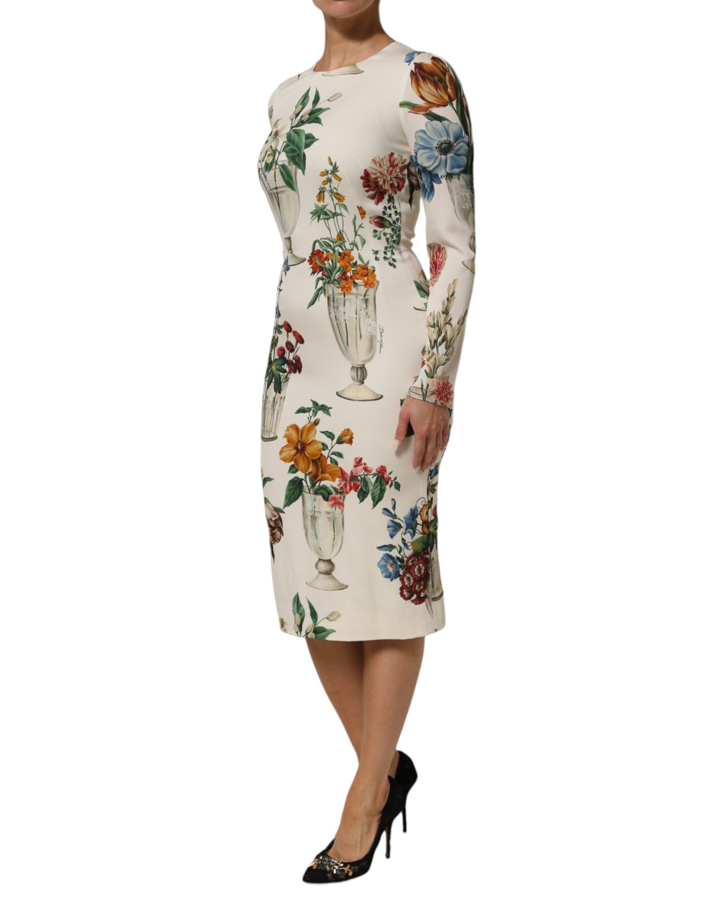 Dolce & Gabbana witte bloemenvaas-geprinten zijden midi-jurk