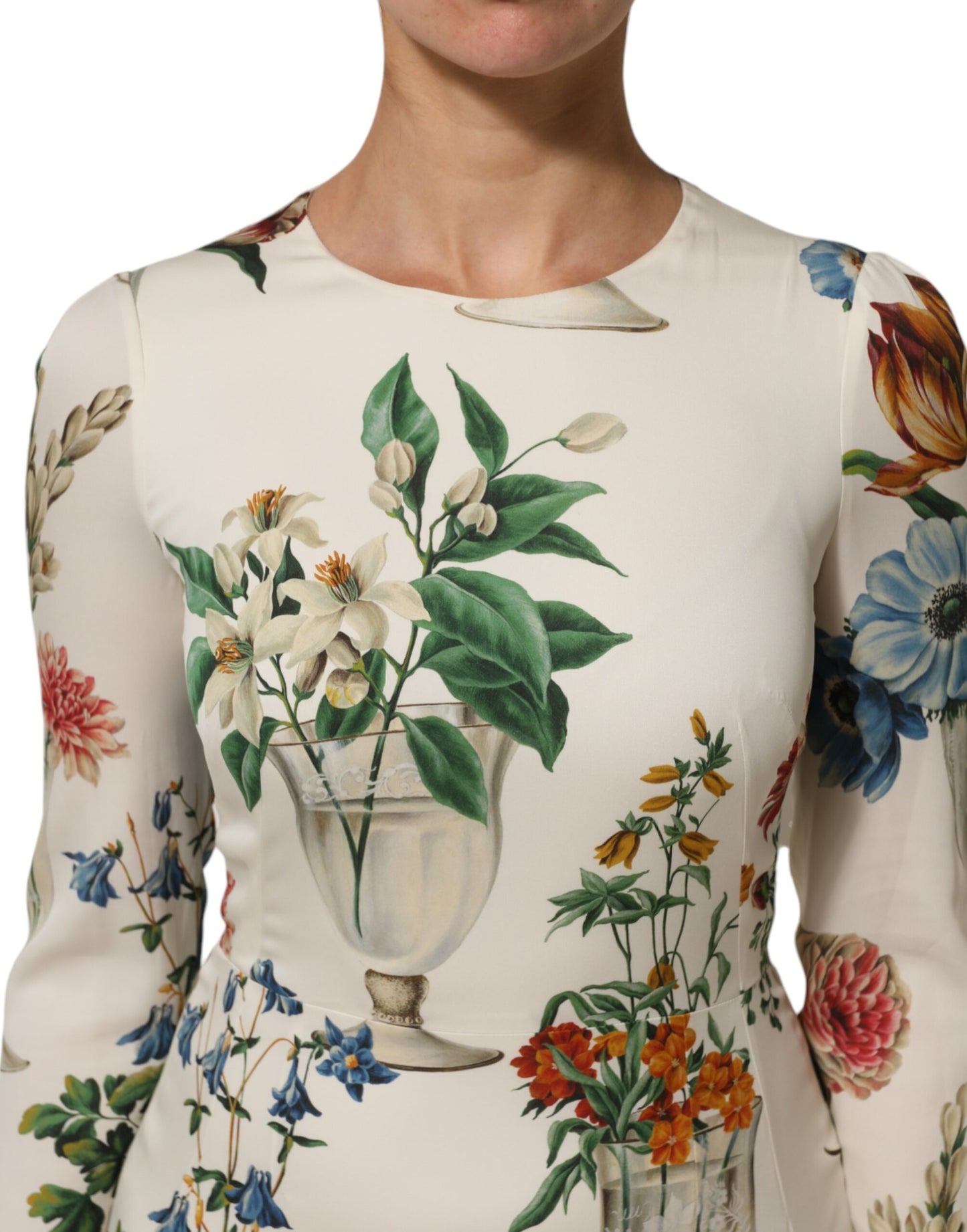 Dolce & Gabbana witte bloemenvaas-geprinten zijden midi-jurk