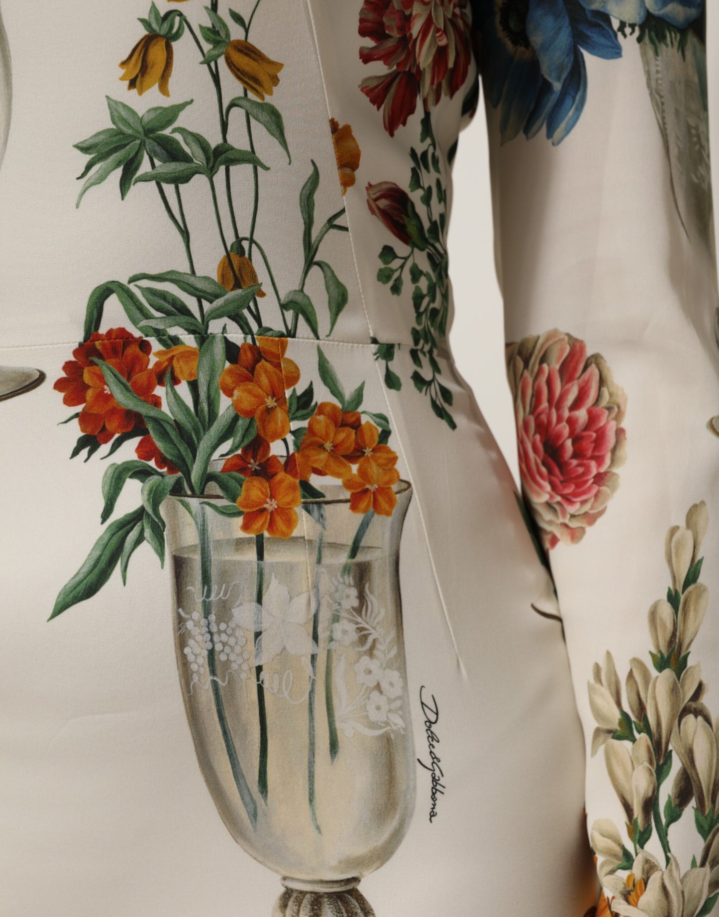 Dolce & Gabbana witte bloemenvaas-geprinten zijden midi-jurk