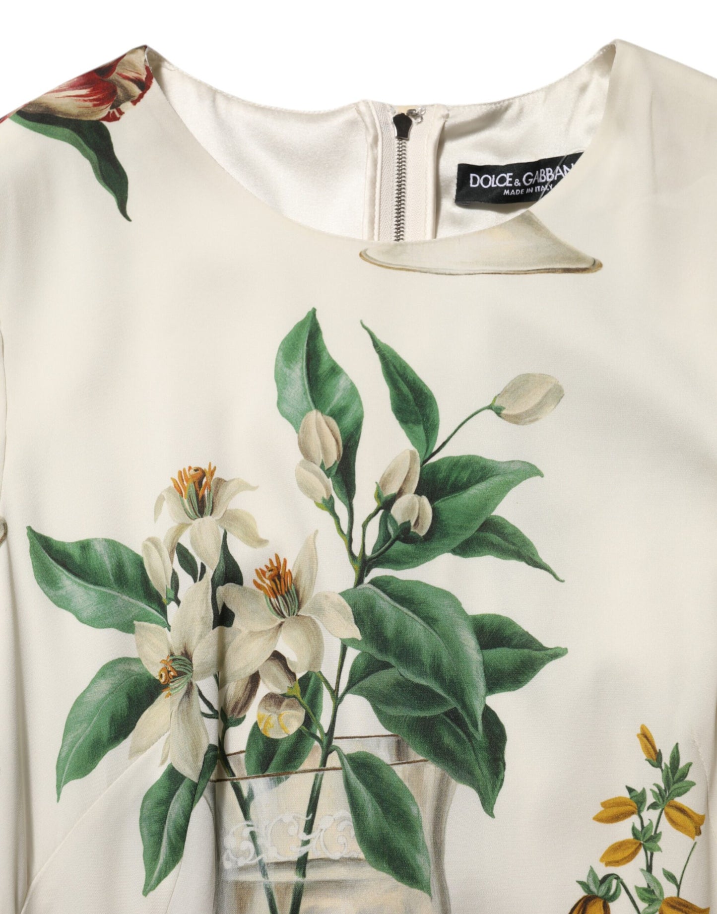Dolce & Gabbana witte bloemenvaas-geprinten zijden midi-jurk