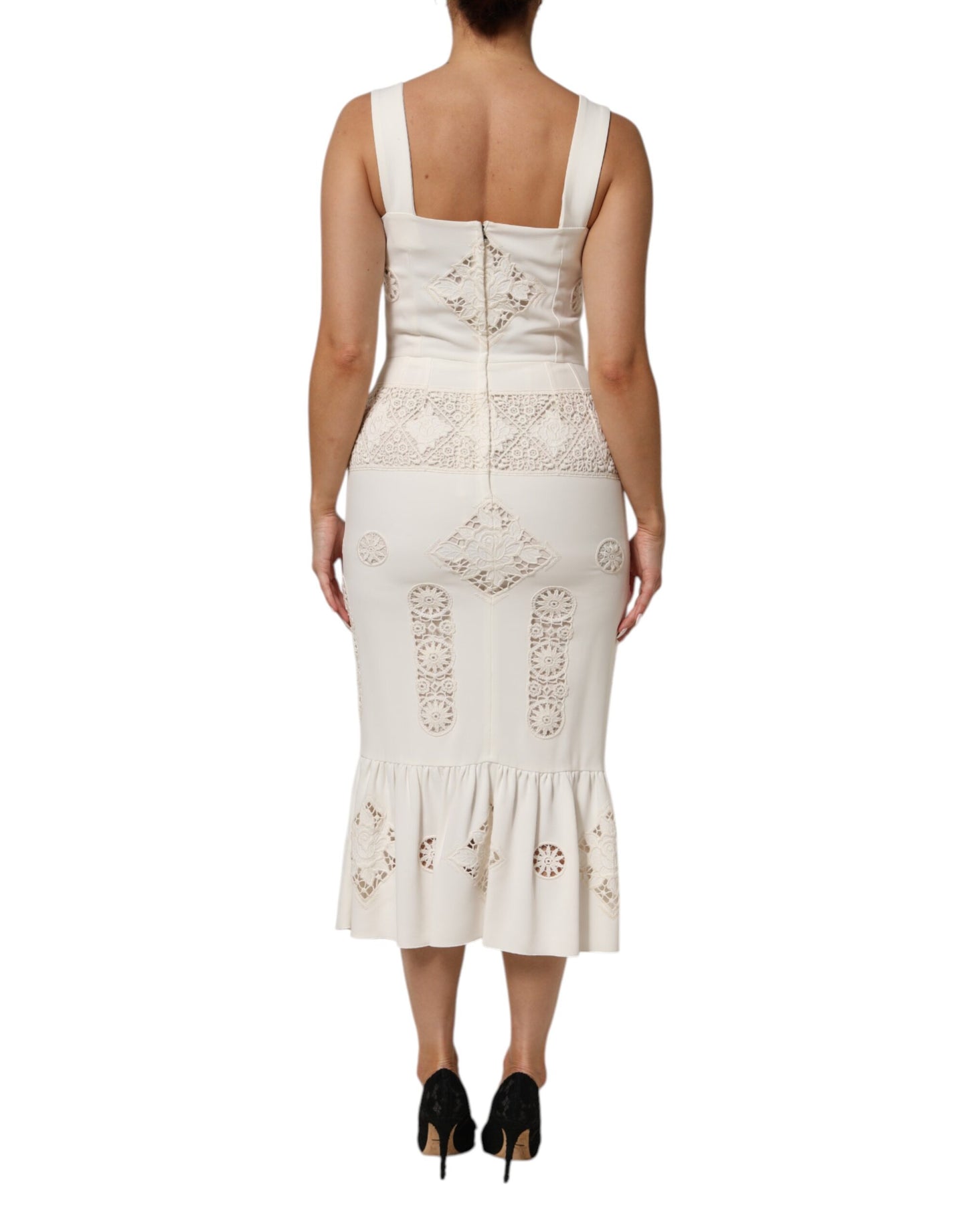 Dolce & Gabbana Witte, bloemrijke kant, mouwloze midi-jurk