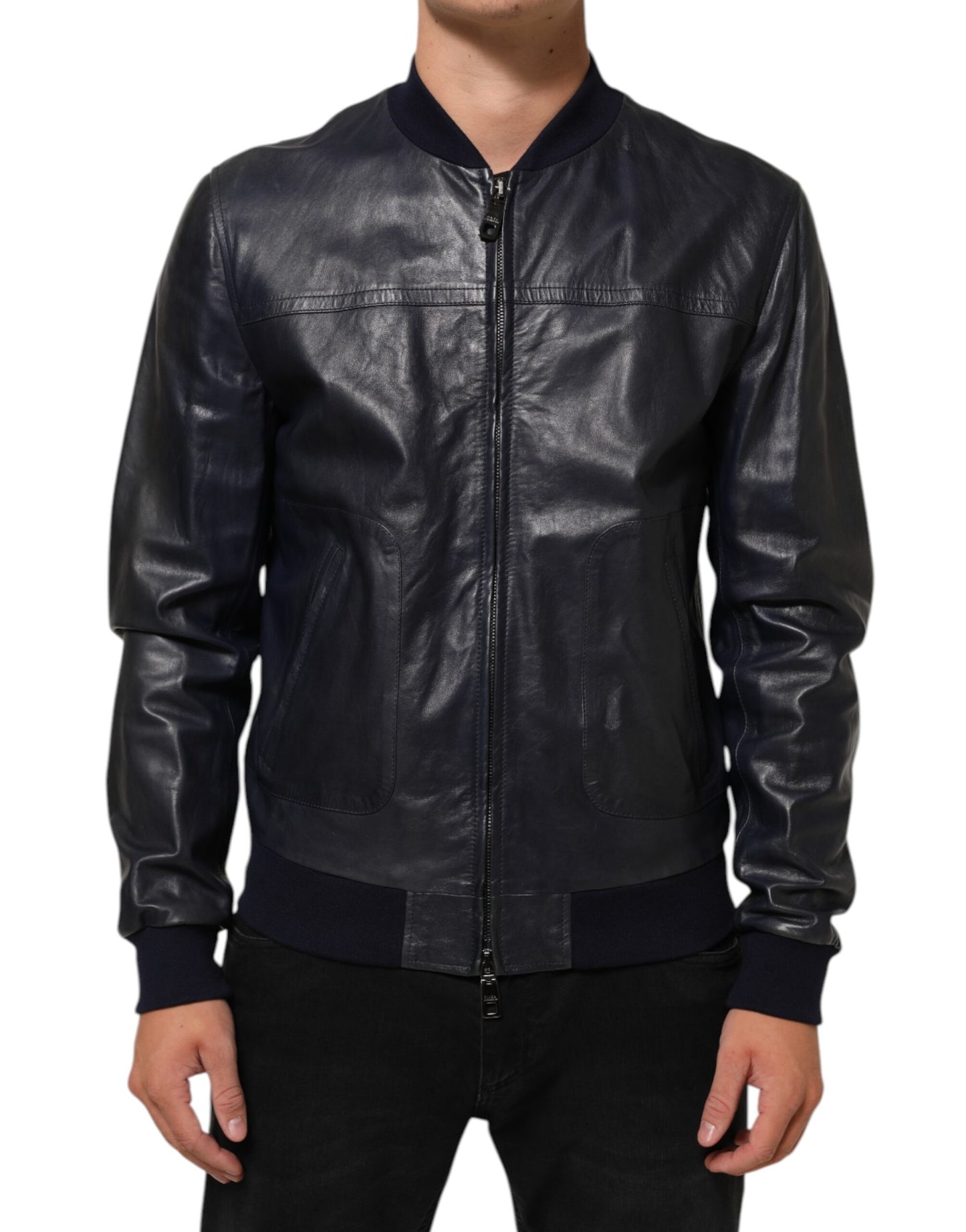 Blouson en cuir bleu à fermeture éclair intégrale, style motard, Dolce & Gabbana