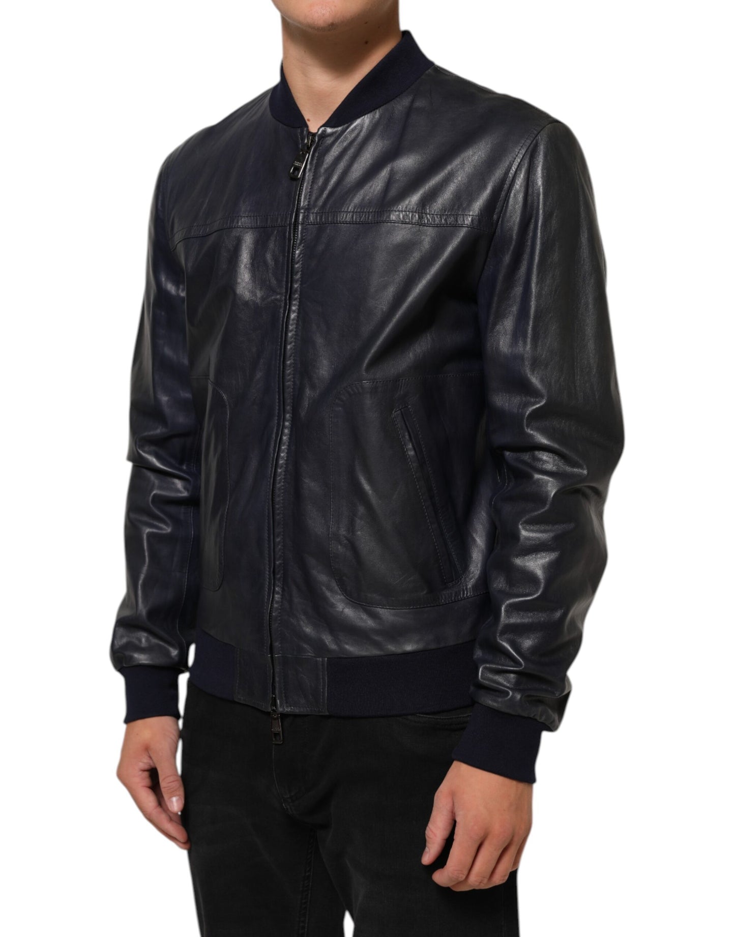 Blouson en cuir bleu à fermeture éclair intégrale, style motard, Dolce & Gabbana